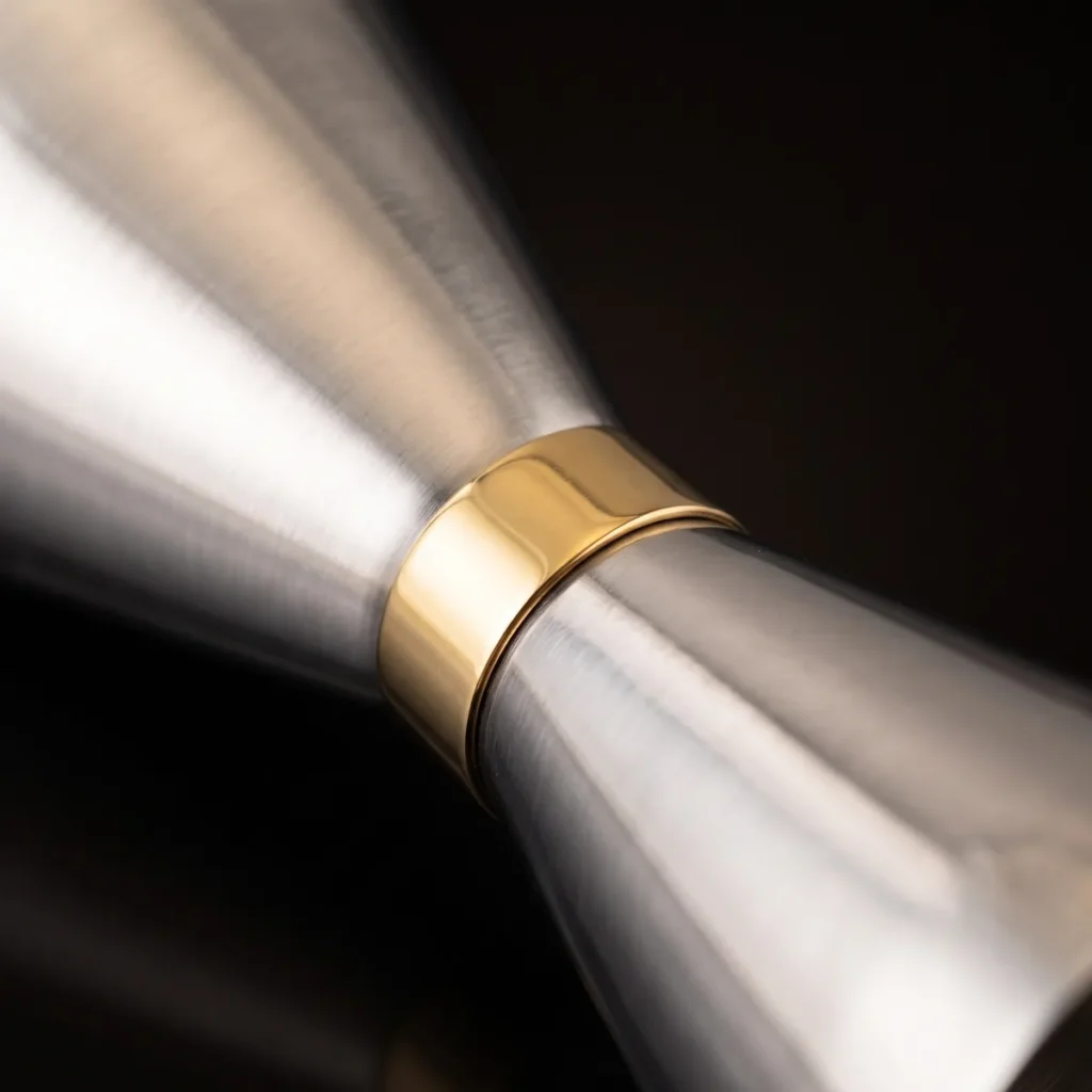 Jigger 30/60 ml stainless steel, gold ring, three-quarter view
