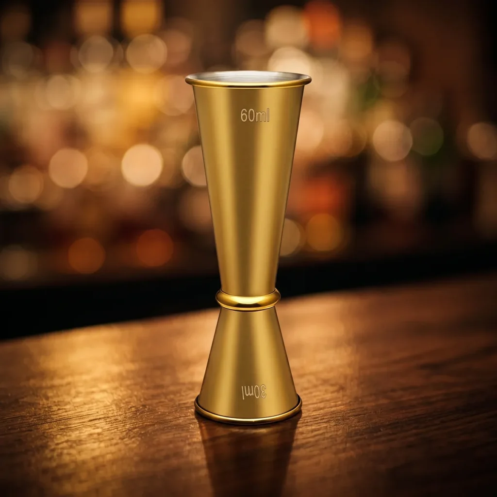 Graduated Japanese jigger 30/60 ml, gold, on a bar counter