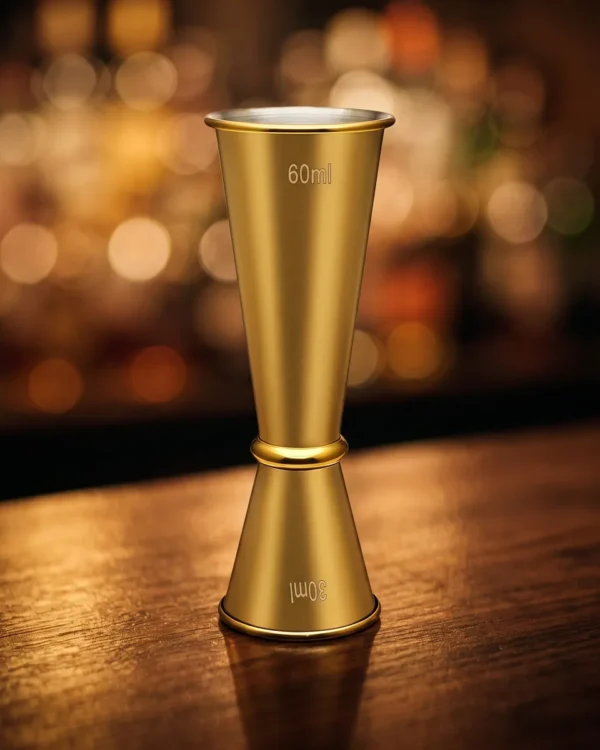 Graduated Japanese jigger 30/60 ml, gold, on a bar counter