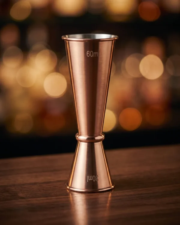 Graduated Japanese jigger 30/60 ml, rose gold, on a bar counter