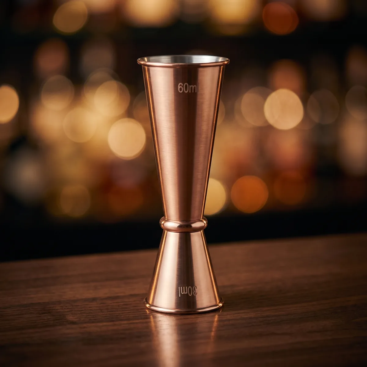Graduated Japanese jigger 30/60 ml, rose gold, on a bar counter