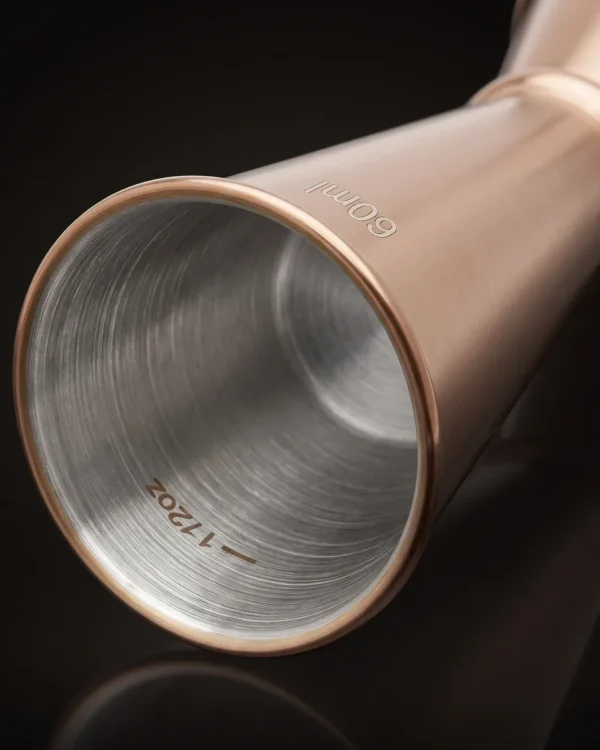 Graduated Japanese jigger 30/60 ml, rose gold, three-quarter view