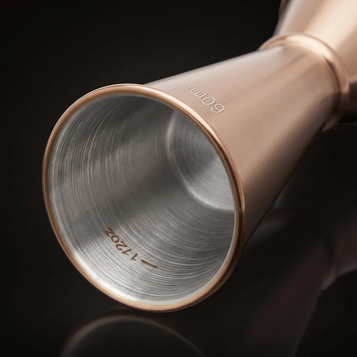 Graduated Japanese jigger 30/60 ml, rose gold, three-quarter view