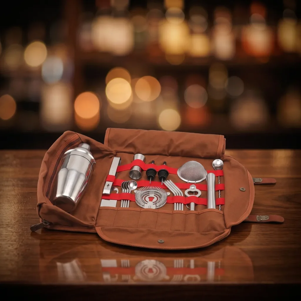Travel bartender kit 20 pieces, 750 ml, on a bar counter