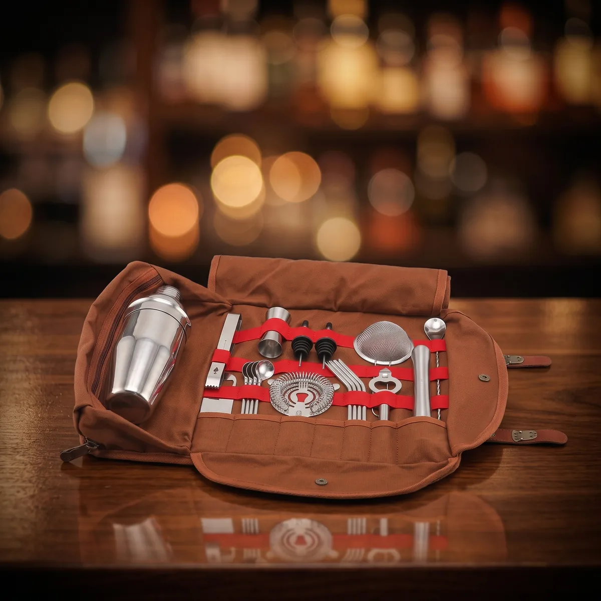 Travel bartender kit 20 pieces, 750 ml, on a bar counter