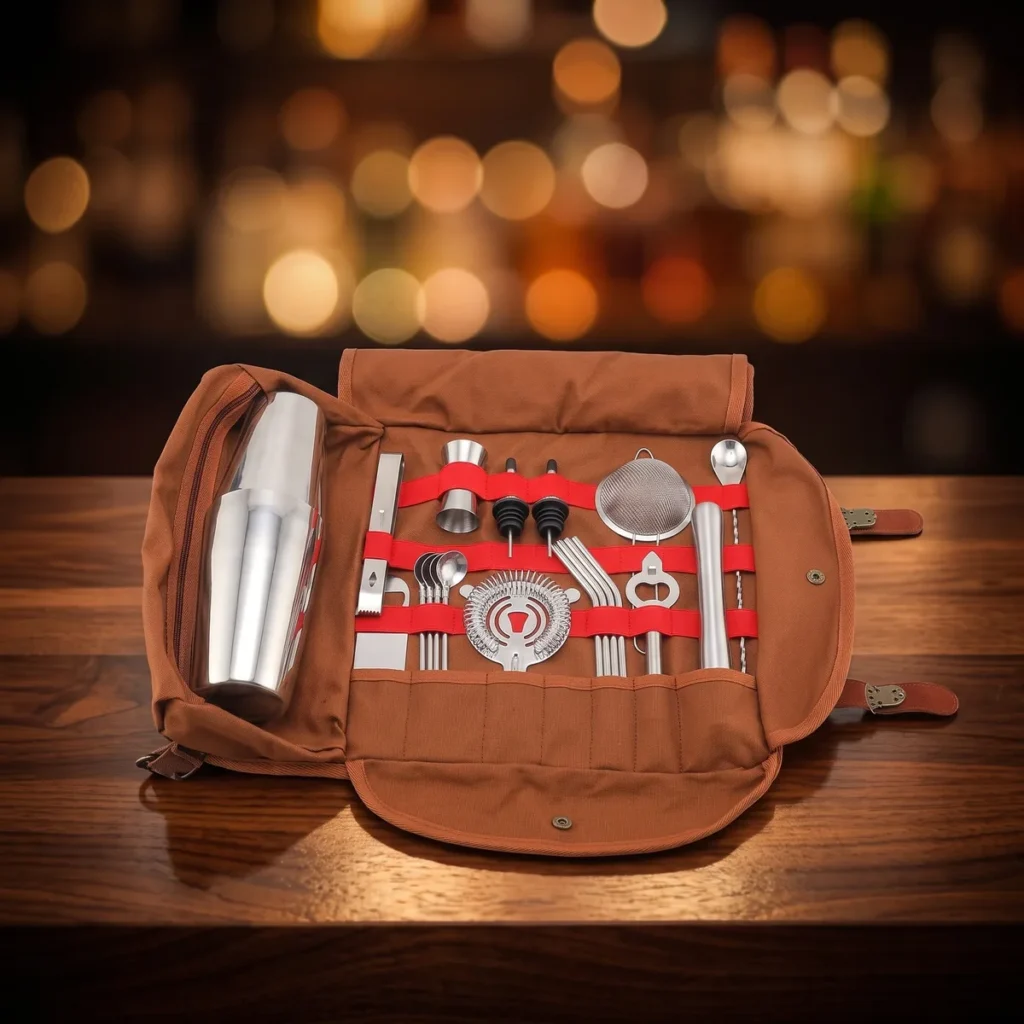 Travel bartender kit 20 pieces, Boston, on a bar counter