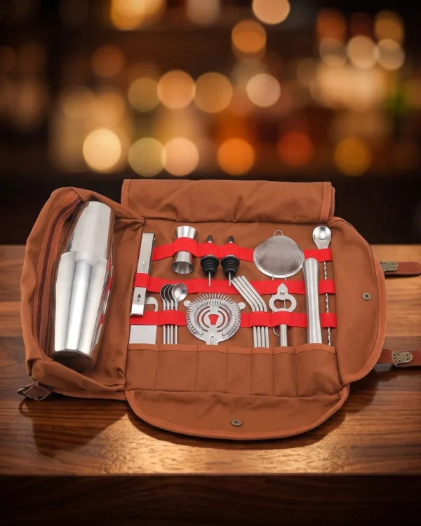 Travel bartender kit 20 pieces, Boston, on a bar counter