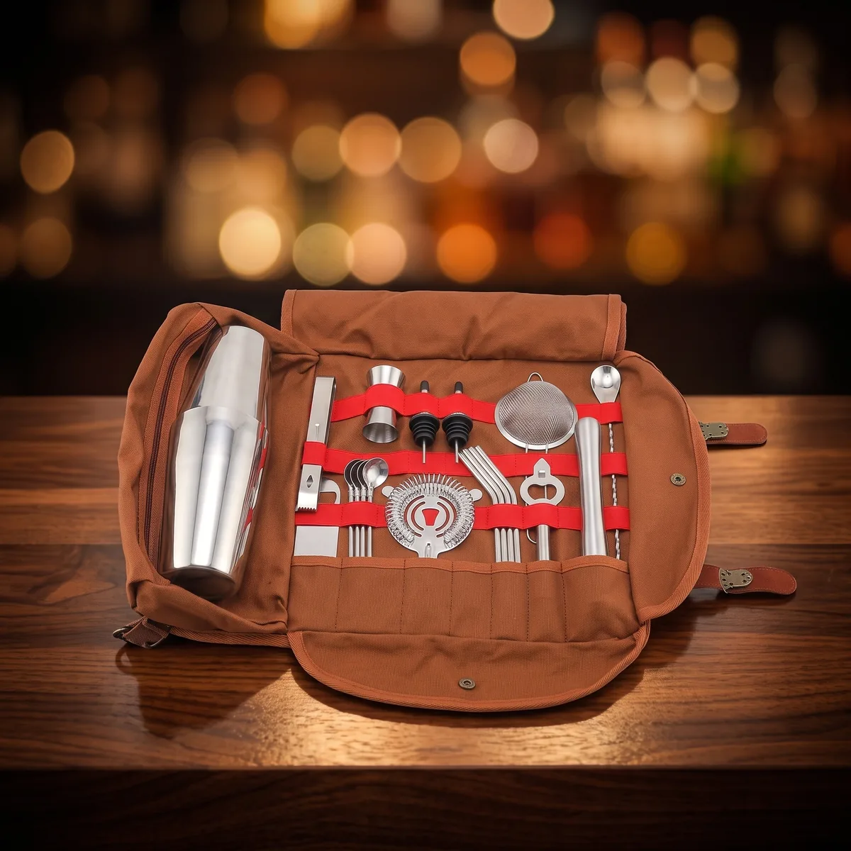 Travel bartender kit 20 pieces, Boston, on a bar counter