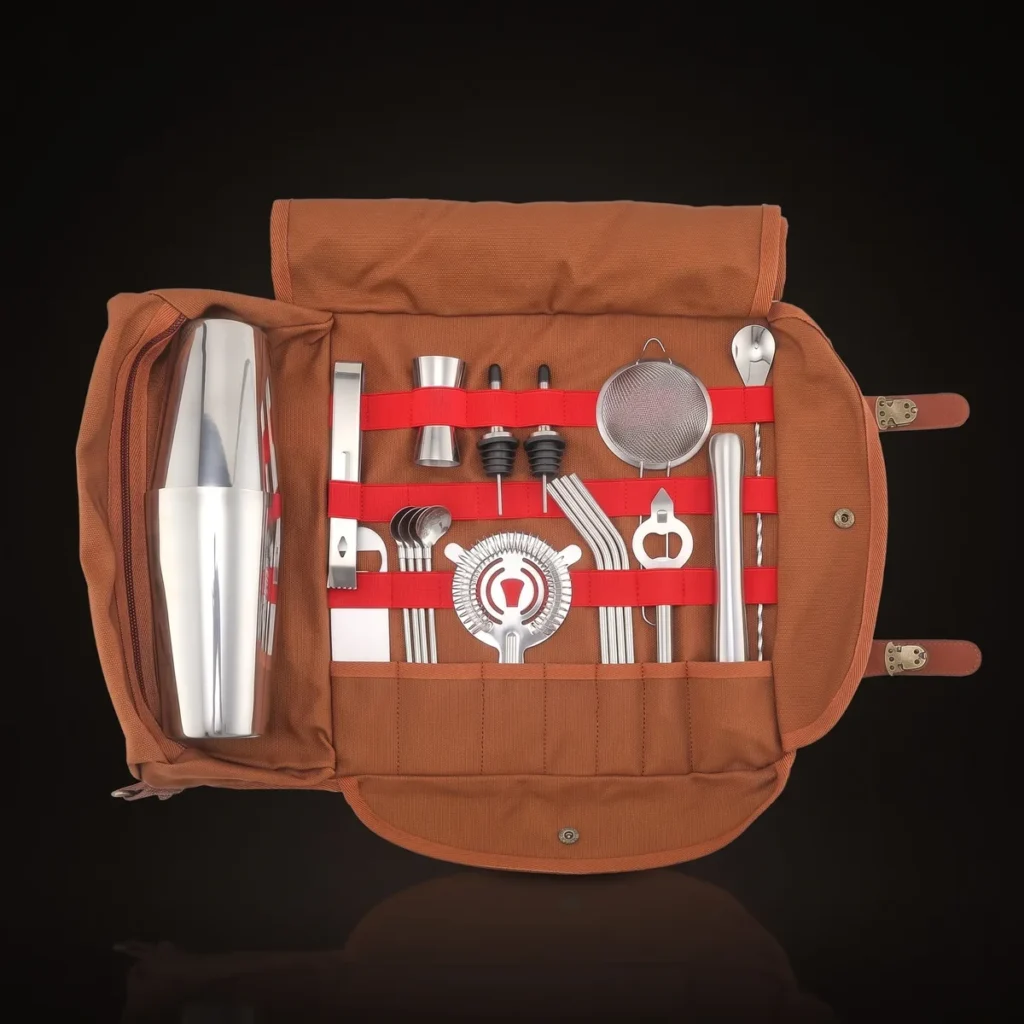 Travel bartender kit 20 pieces, Boston, front view