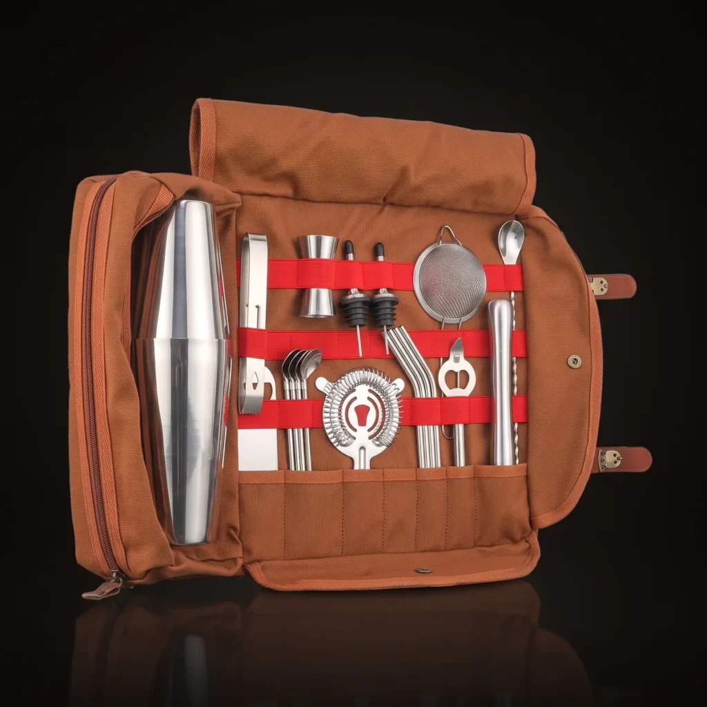 Travel bartender kit 20 pieces, Boston, top view