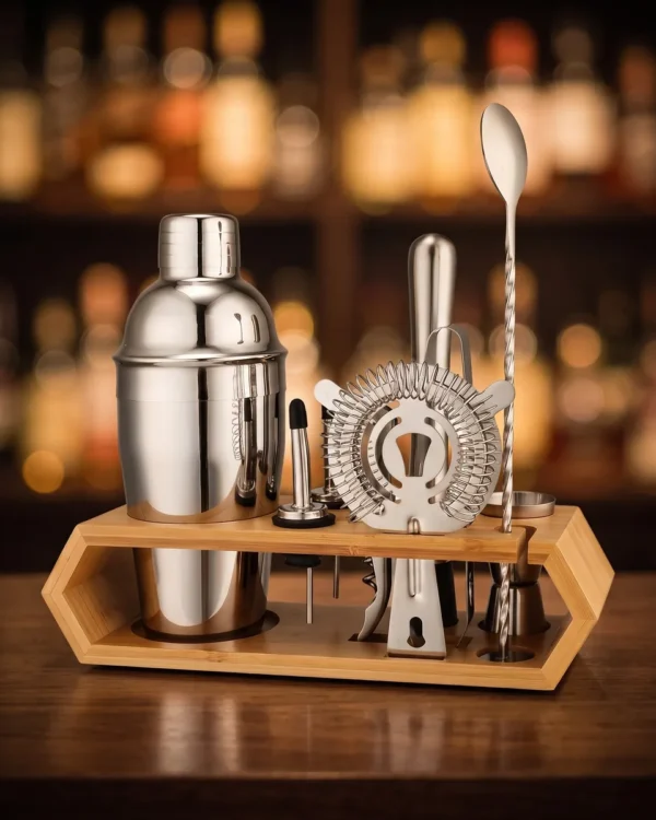 Cocktail kit 10 pieces, hexagonal stand, 550 ml, on a bar counter