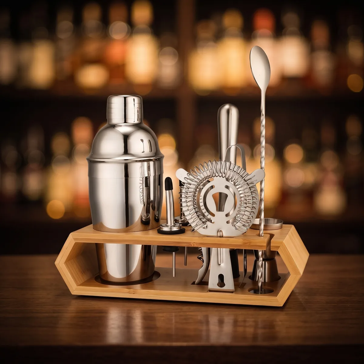 Cocktail kit 10 pieces, hexagonal stand, 550 ml, on a bar counter