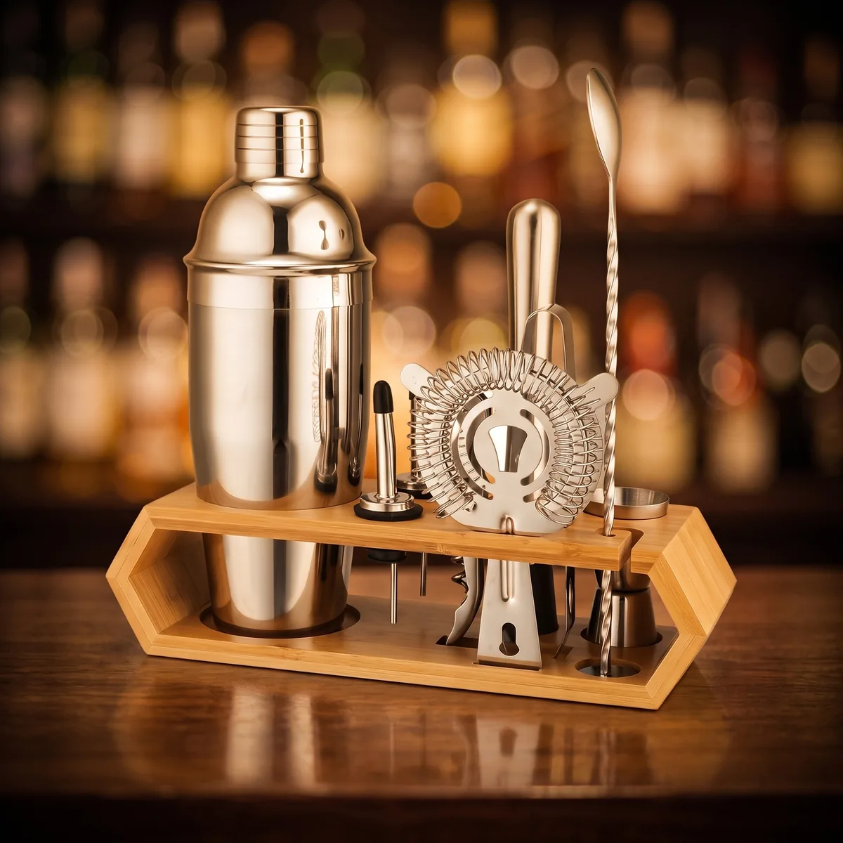 Cocktail kit 10 pieces, hexagonal stand, 750 ml, on a bar counter