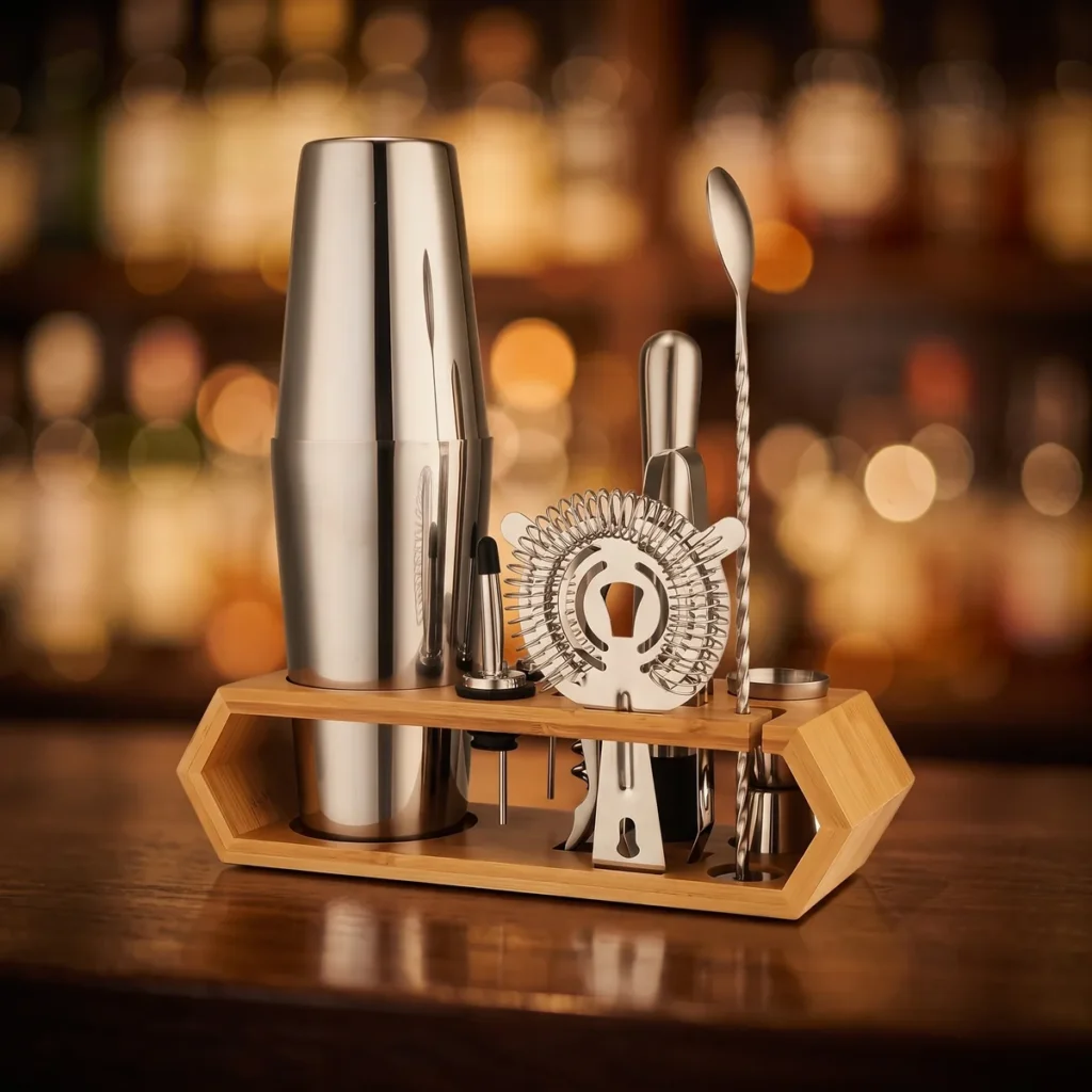 Cocktail kit 10 pieces, hexagonal stand, Boston, on a bar counter