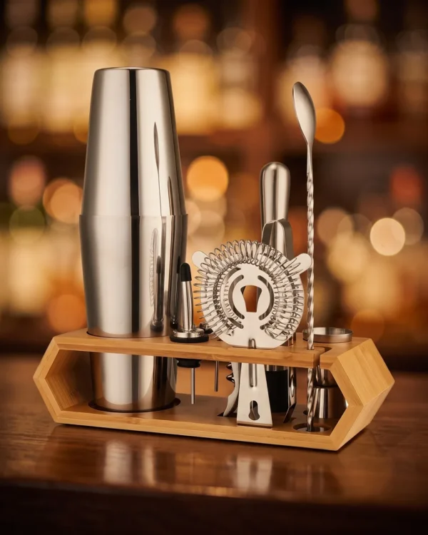 Cocktail kit 10 pieces, hexagonal stand, Boston, on a bar counter