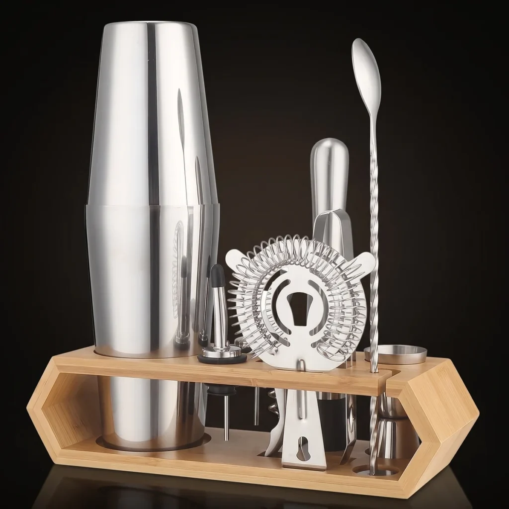 Cocktail kit 10 pieces, hexagonal stand, Boston, front view
