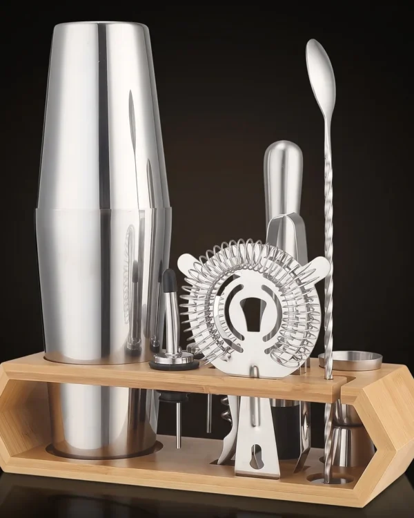 Cocktail kit 10 pieces, hexagonal stand, Boston, front view