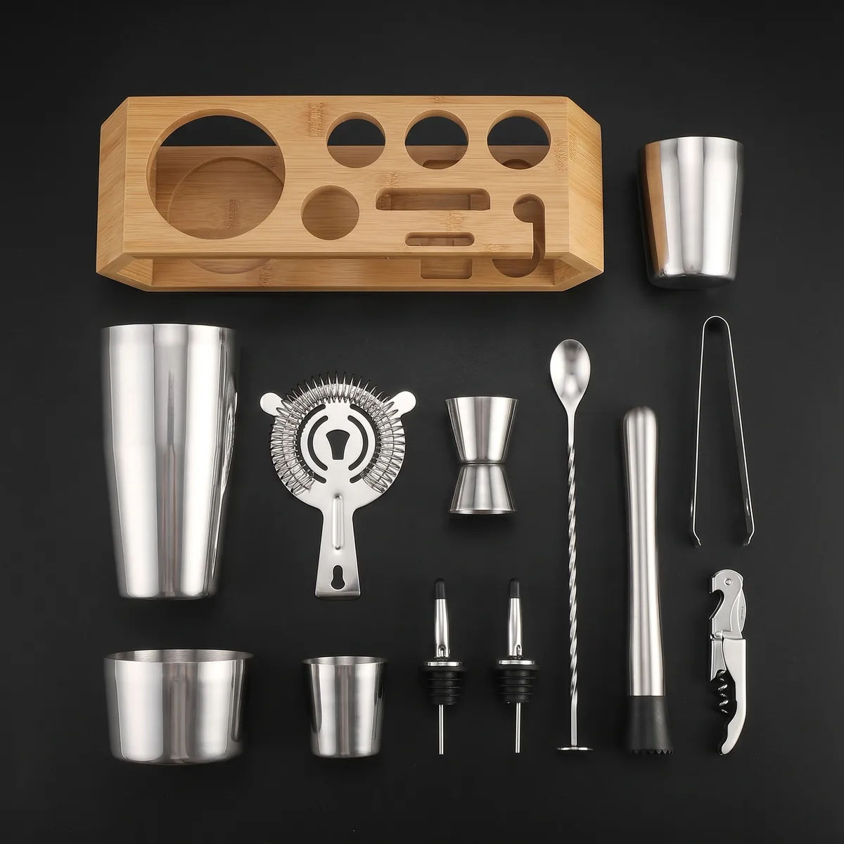 Cocktail kit 10 pieces, hexagonal stand, Boston, top view