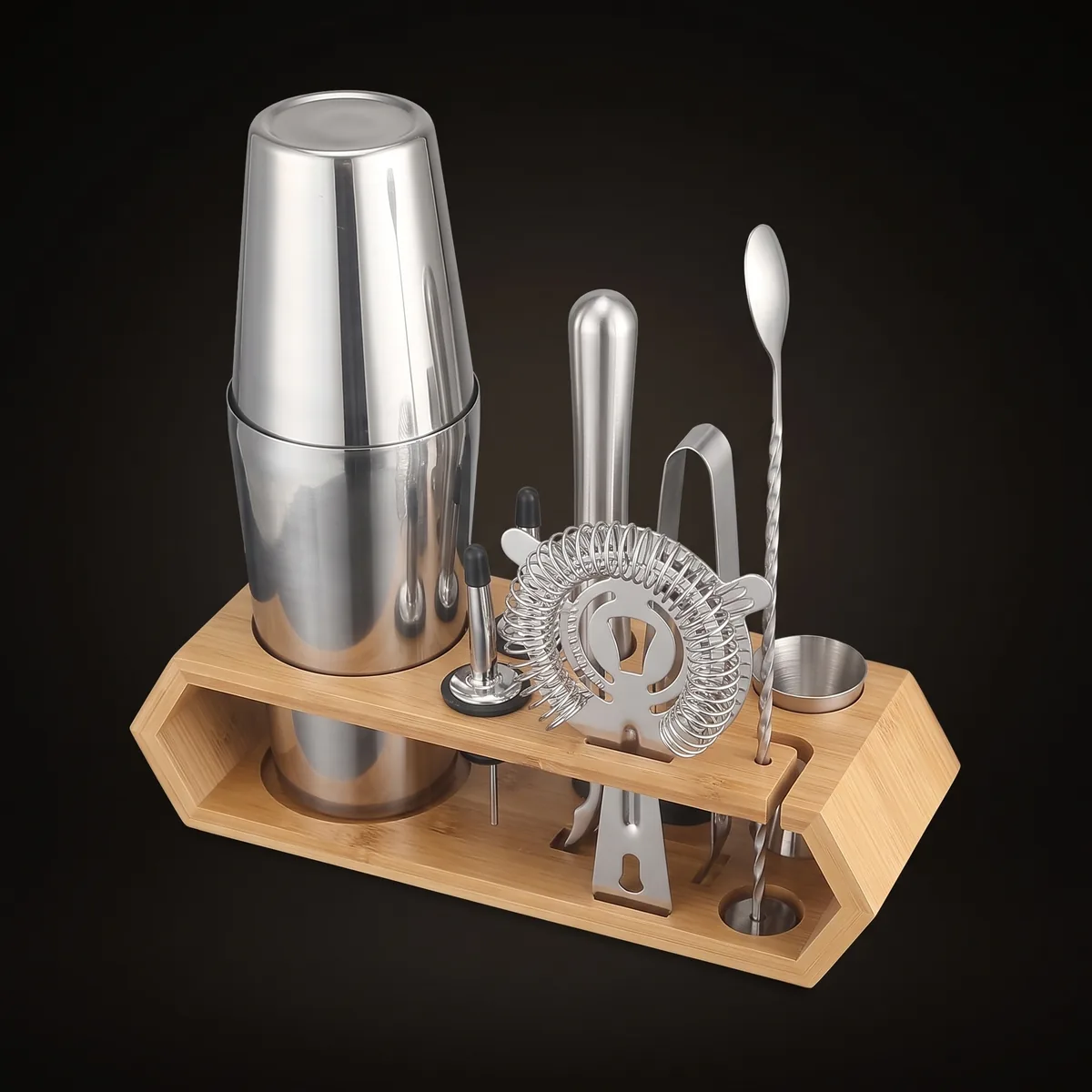 Cocktail kit 10 pieces, hexagonal stand, Boston, three-quarter view