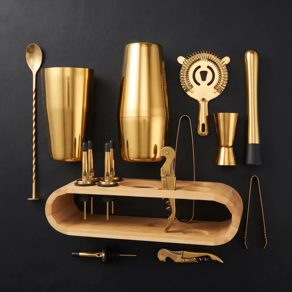 Cocktail kit 12 pieces, gold, Boston, top view