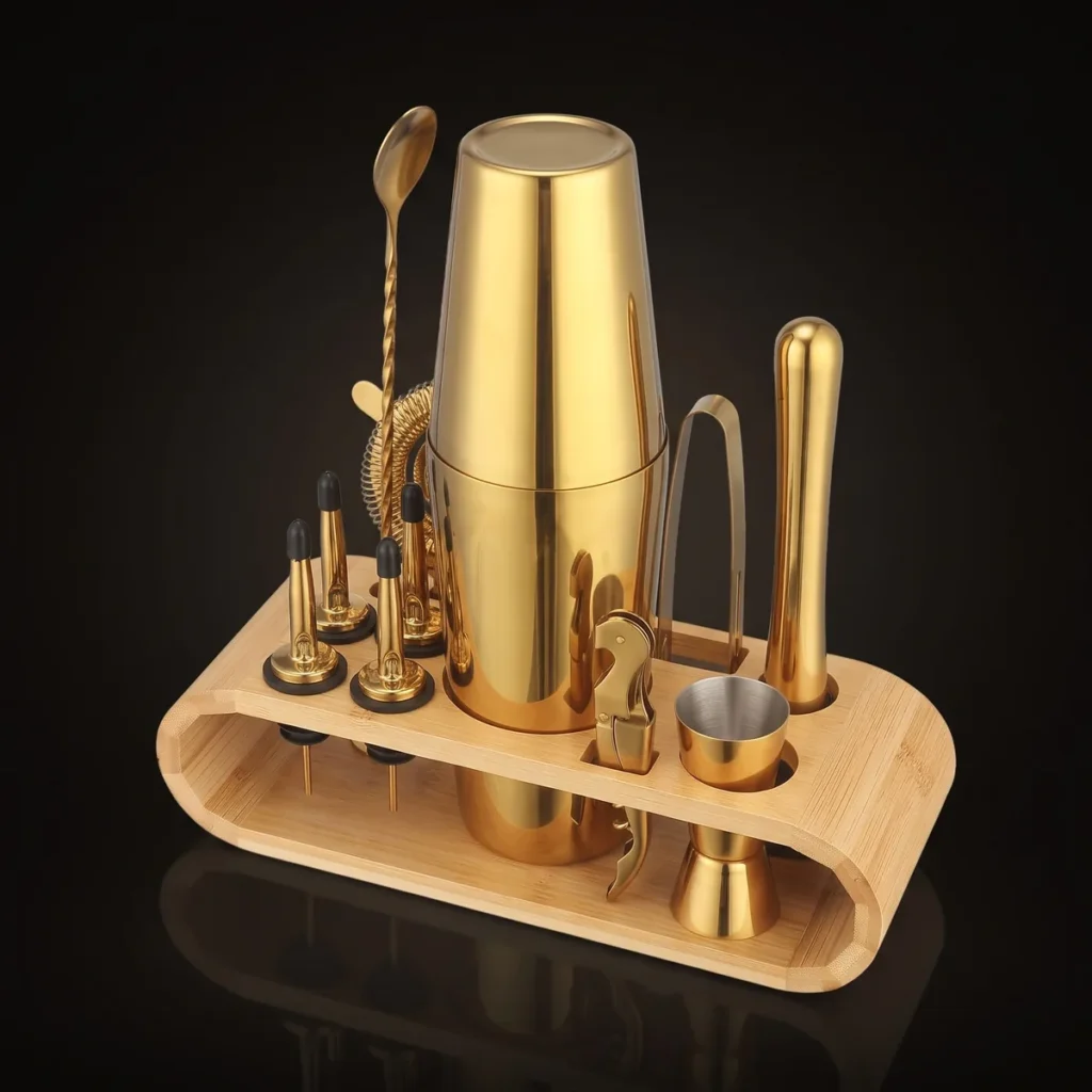 Cocktail kit 12 pieces, gold, Boston, three-quarter view