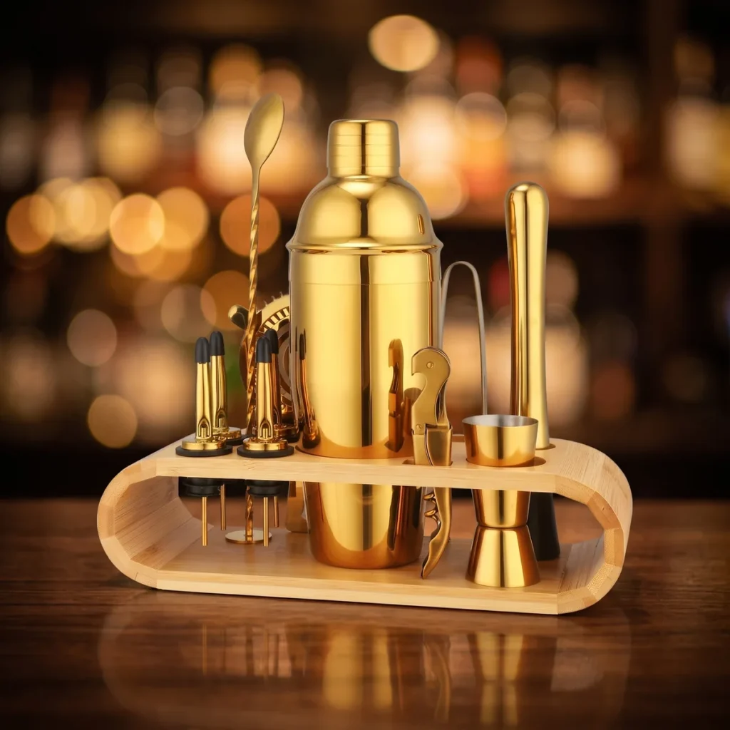 Cocktail kit 12 pieces, gold, 750 ml shaker, on a bar counter