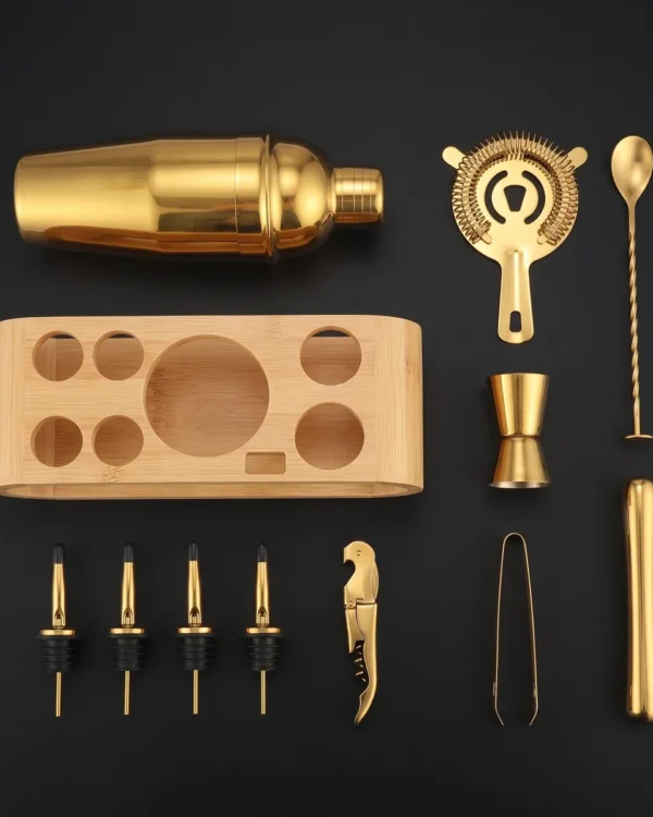 Cocktail kit 12 pieces, gold, 750 ml shaker, top view