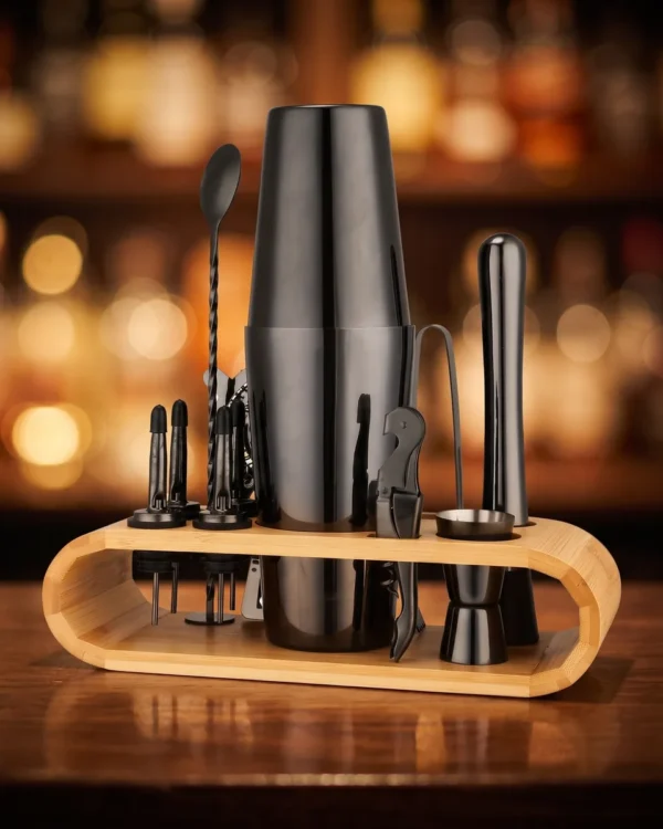 Cocktail kit 12 pieces, black, Boston, on a bar counter