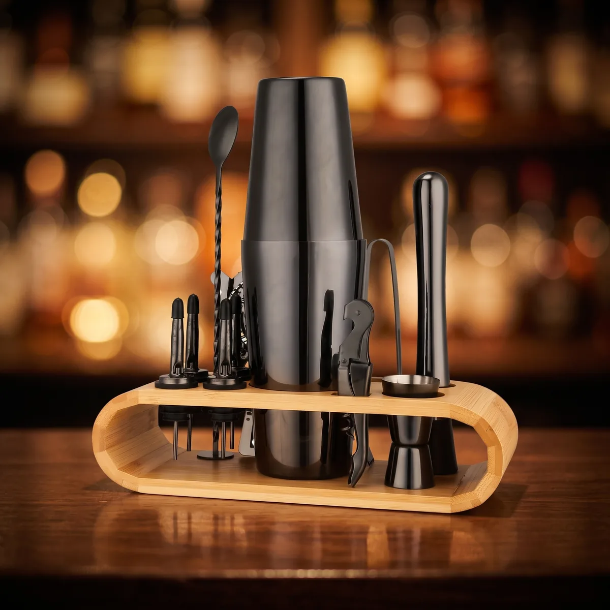 Cocktail kit 12 pieces, black, Boston, on a bar counter