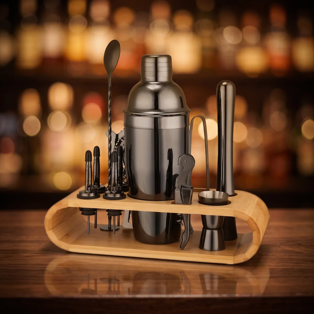 Cocktail kit 12 pieces, black, 750 ml shaker, on a bar counter