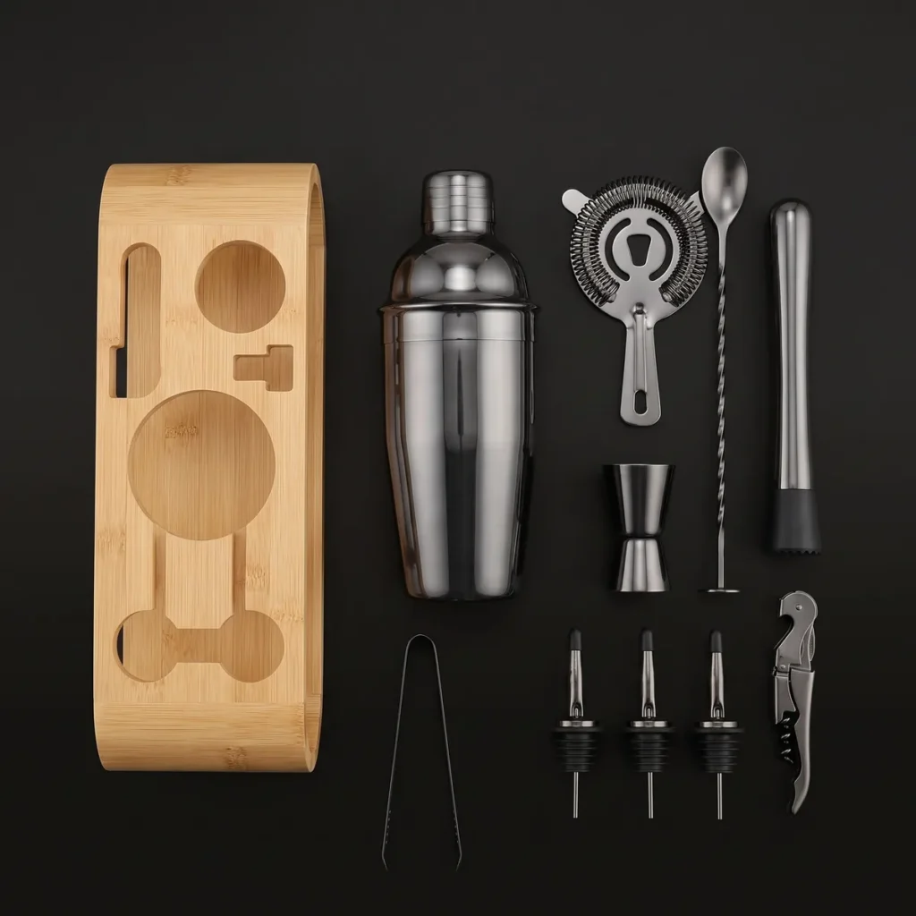 Cocktail kit 12 pieces, black, 750 ml shaker, top view