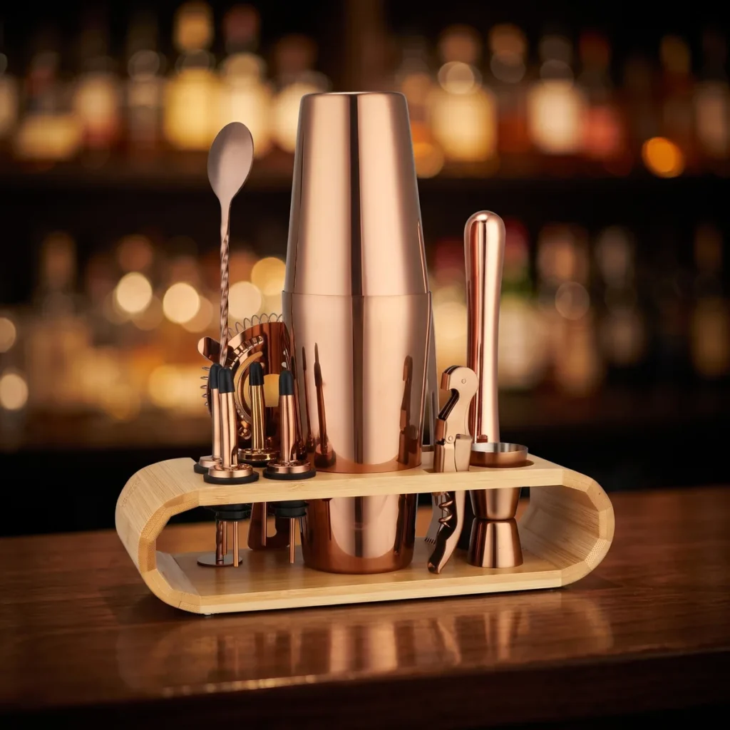 Cocktail kit 12 pieces, rose gold, Boston, on a bar counter