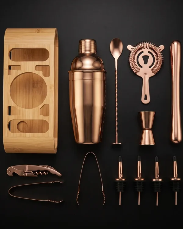 Cocktail kit 12 pieces, rose gold, 750 ml shaker, top view