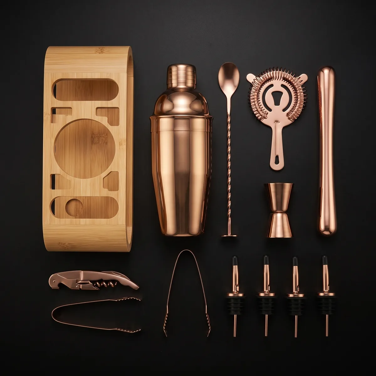 Cocktail kit 12 pieces, rose gold, 750 ml shaker, top view