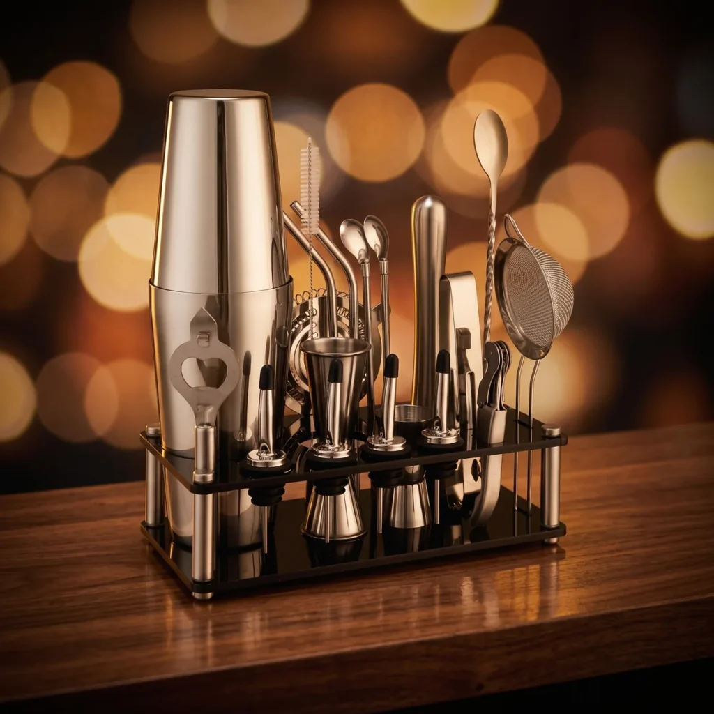 Cocktail kit 20 pieces, acrylic stand, Boston, on a bar counter