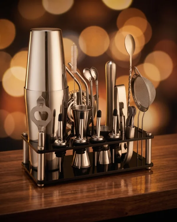 Cocktail kit 20 pieces, acrylic stand, Boston, on a bar counter