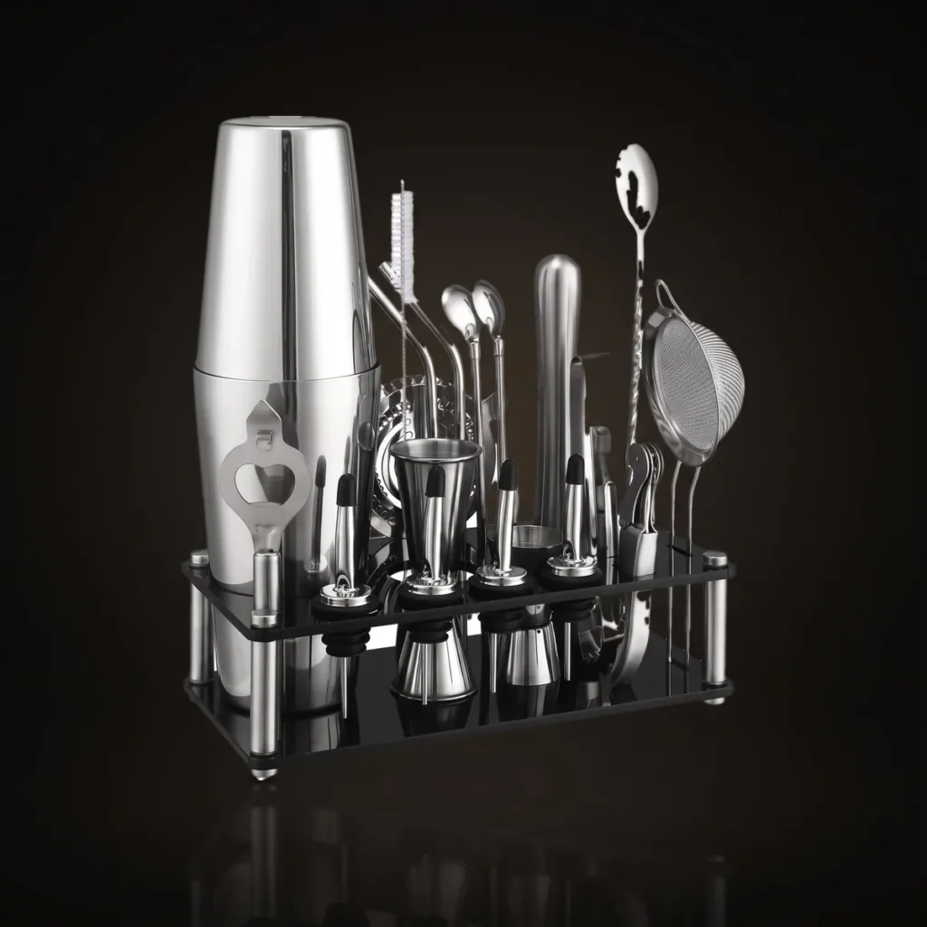 Cocktail kit 20 pieces, acrylic stand, Boston, front view