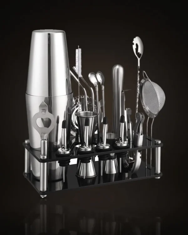 Cocktail kit 20 pieces, acrylic stand, Boston, front view