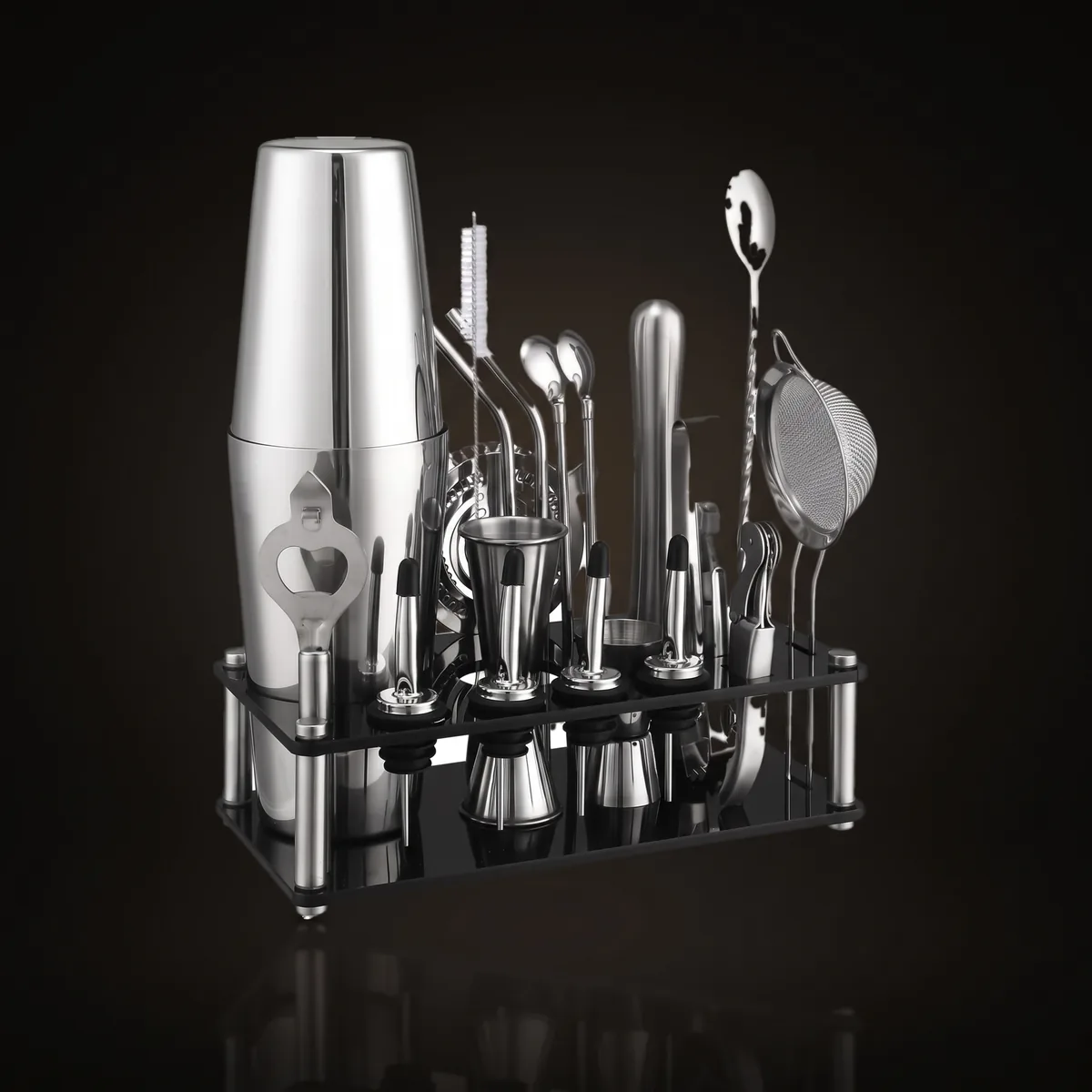 Cocktail kit 20 pieces, acrylic stand, Boston, front view