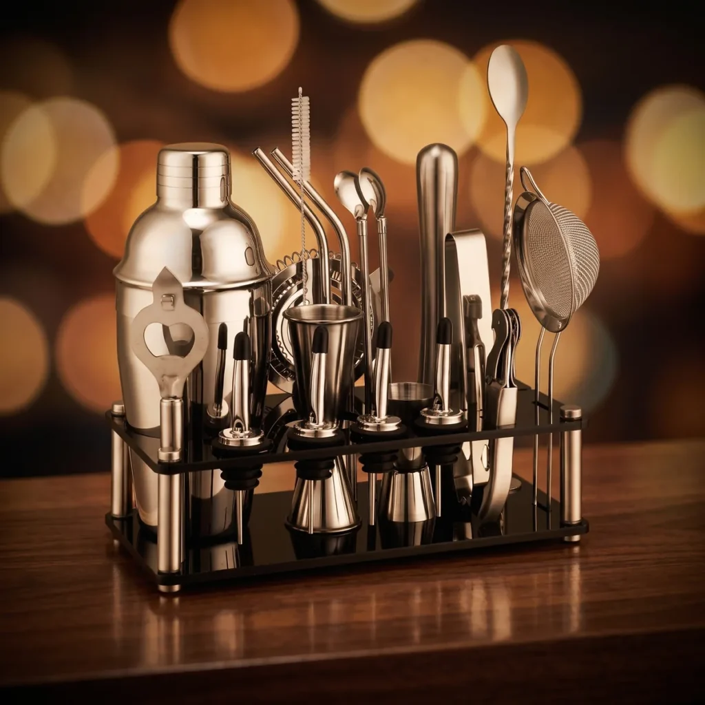 Cocktail kit 20 pieces, acrylic stand, 550 ml shaker, on a bar counter