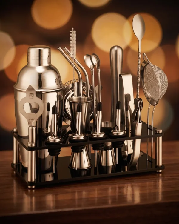 Cocktail kit 20 pieces, acrylic stand, 550 ml shaker, on a bar counter