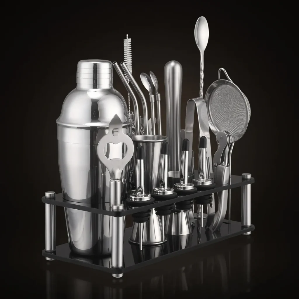 Cocktail kit 20 pieces, acrylic stand, 550 ml shaker, three-quarter view