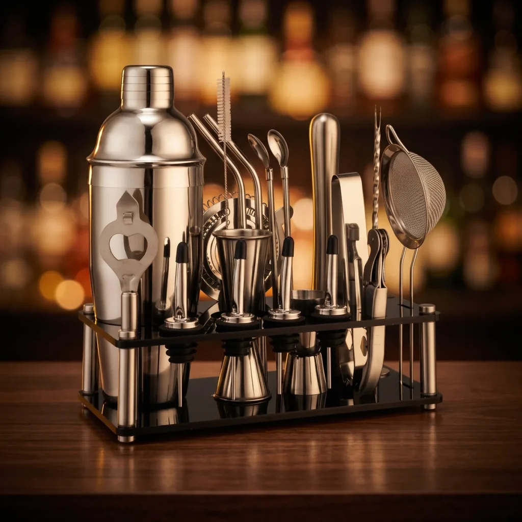 Cocktail kit 20 pieces, acrylic stand, 750 ml shaker, on a bar counter