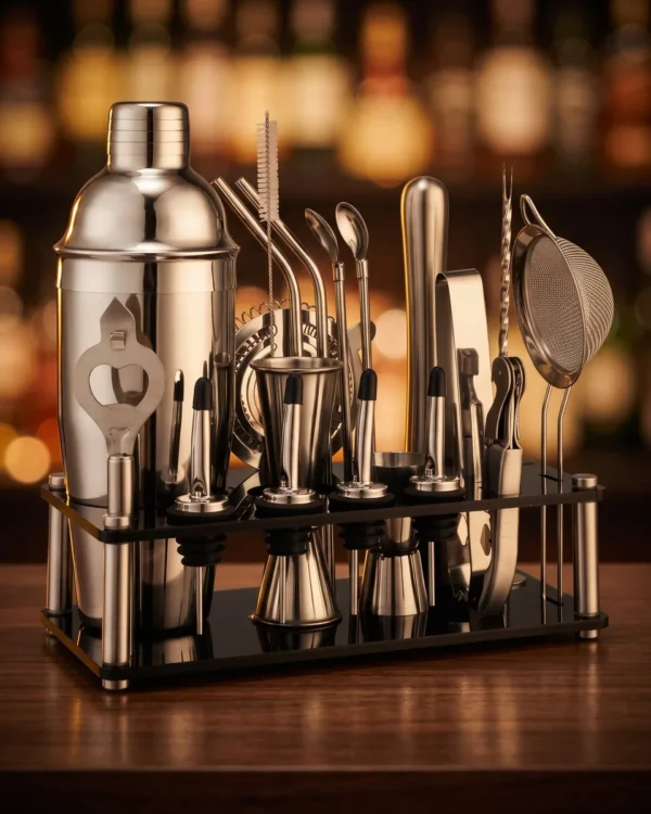 Cocktail kit 20 pieces, acrylic stand, 750 ml shaker, on a bar counter