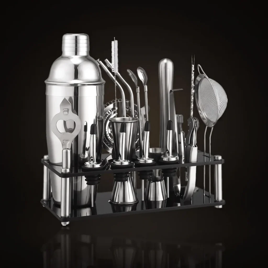 Cocktail kit 20 pieces, acrylic stand, 750 ml shaker, front view