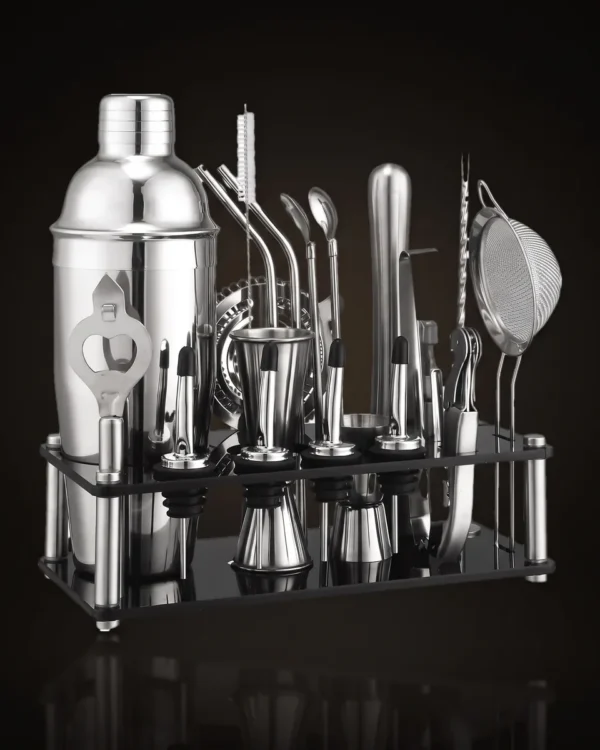Cocktail kit 20 pieces, acrylic stand, 750 ml shaker, front view