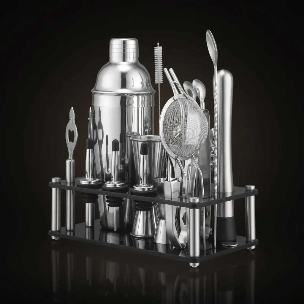Cocktail kit 20 pieces, acrylic stand, 750 ml shaker, three-quarter view