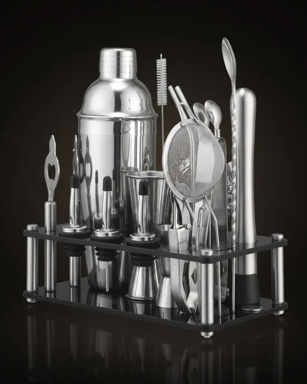 Cocktail kit 20 pieces, acrylic stand, 750 ml shaker, three-quarter view