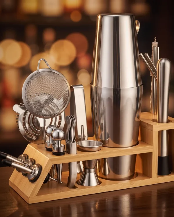 Cocktail kit 20 pieces, bamboo stand, Boston, on a bar counter