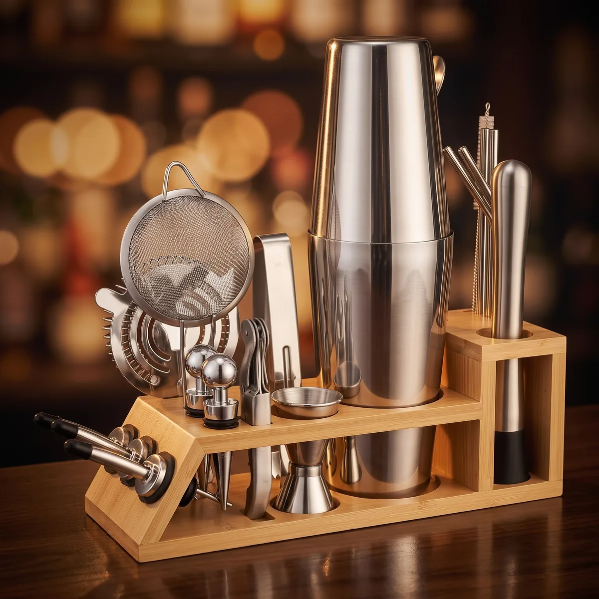 Cocktail kit 20 pieces, bamboo stand, Boston, on a bar counter